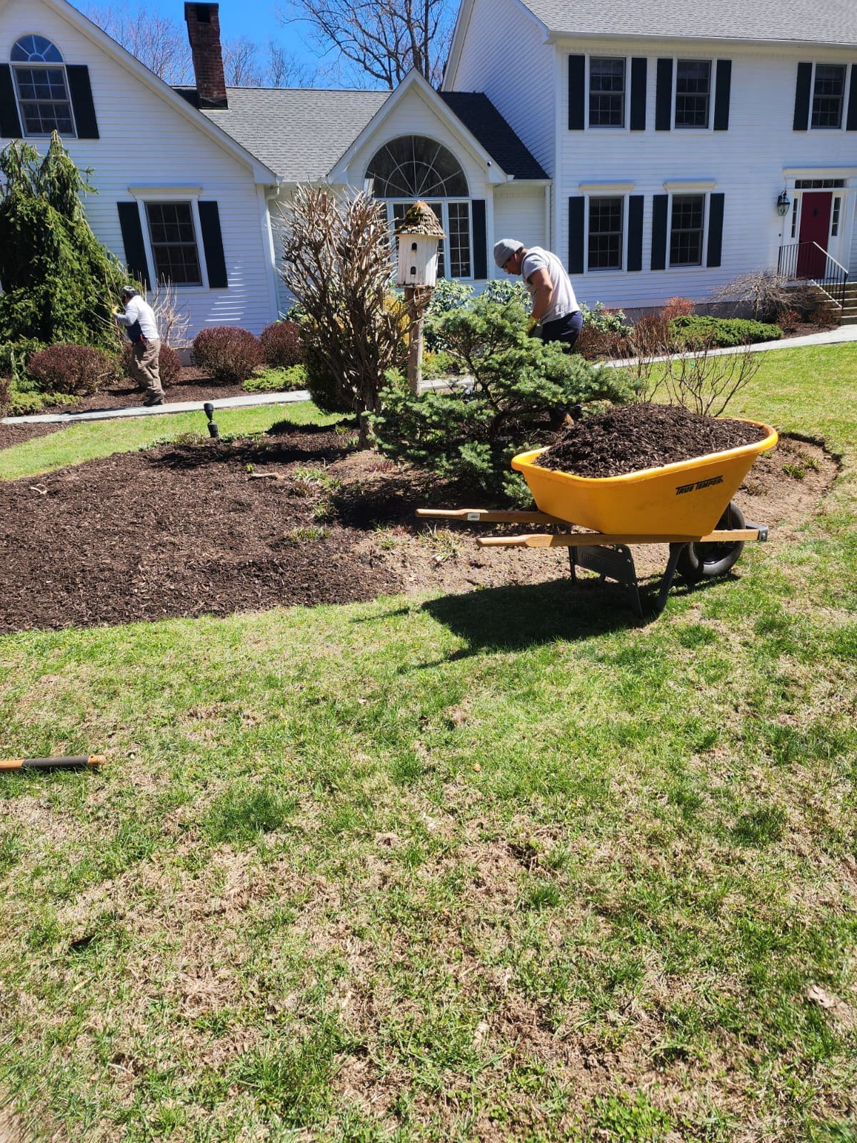 Fresh mulch installed across landscaped beds at a Connecticut home